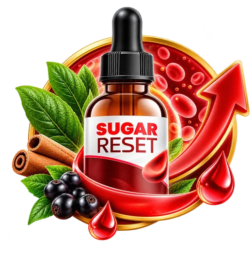 Sugar Reset bottle surrounded by cinnamon, berries and leaves